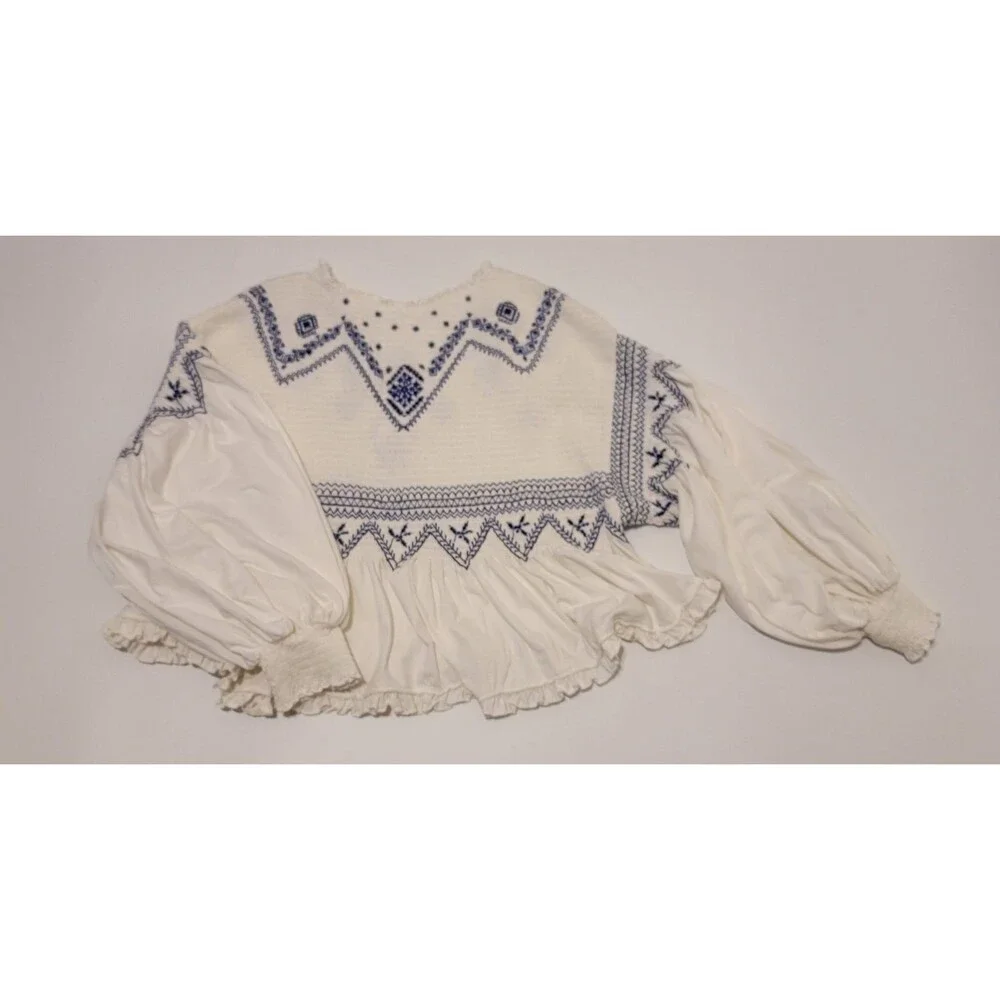 Free People Holly Embroidered Smocked White/Blue Women's Size L Boho Peasant Top